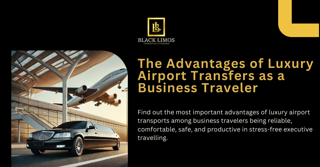 Luxury black stretch limousine parked outside an airport terminal with a commercial airplane taking off overhead, representing premium airport limo transportation.