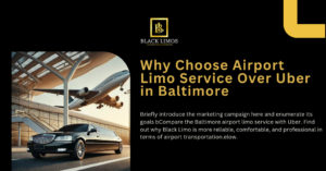 "Luxury black stretch limousine parked outside an airport terminal with a commercial airplane taking off overhead, representing premium airport limo transportation.