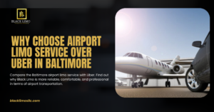 Black Limo advertisement showing a private jet and a luxury car at the airport, promoting why airport limo service in Baltimore is better than Uber.