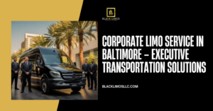 Professional chauffeurs standing beside a luxury black Mercedes-Benz sprinter van outside a modern corporate building, representing a premium Corporate Limo Service.