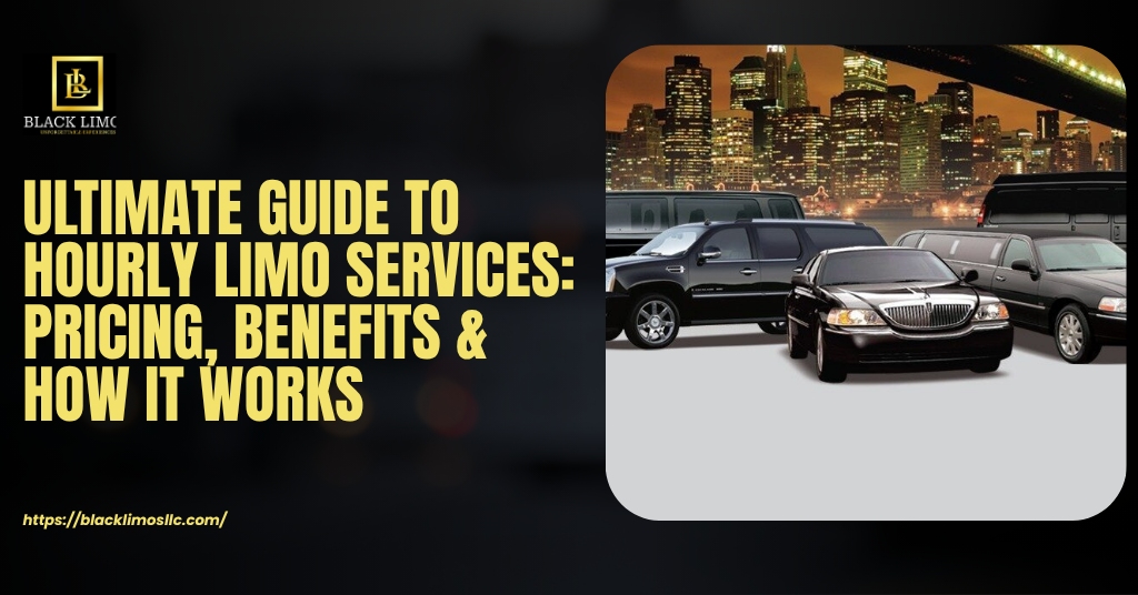 Black Limos LLC fleet showcasing luxury vehicles for Hourly Limo Service with city skyline background
