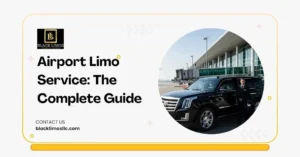 Black Cadillac limo with chauffeur outside an airport terminal, alongside the headline “Airport Limo Service: The Complete Guide” and Black Limos branding.