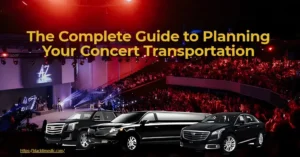 Concert limo service with luxury black limousines parked in front of a packed concert venue.